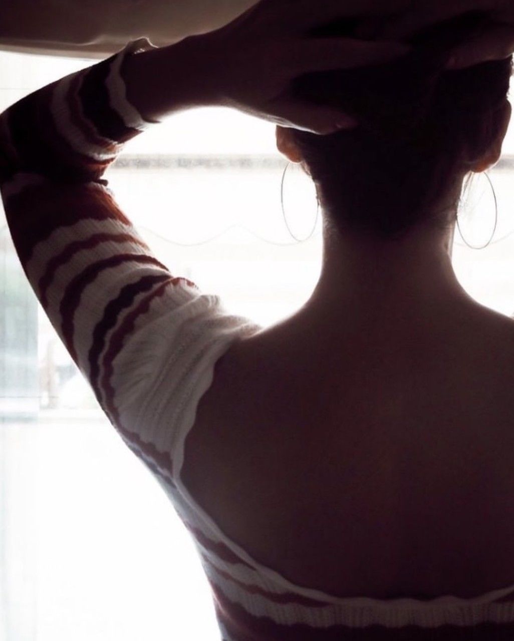 one person, arm, adult, indoors, clothing, black, silhouette, women, back lit, white, hand, young adult, rear view, limb, portrait, waist up, dress, window, lifestyles, day