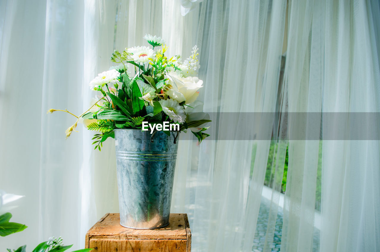 CLOSE-UP OF FLOWER POT ON TABLE AGAINST PLANTS