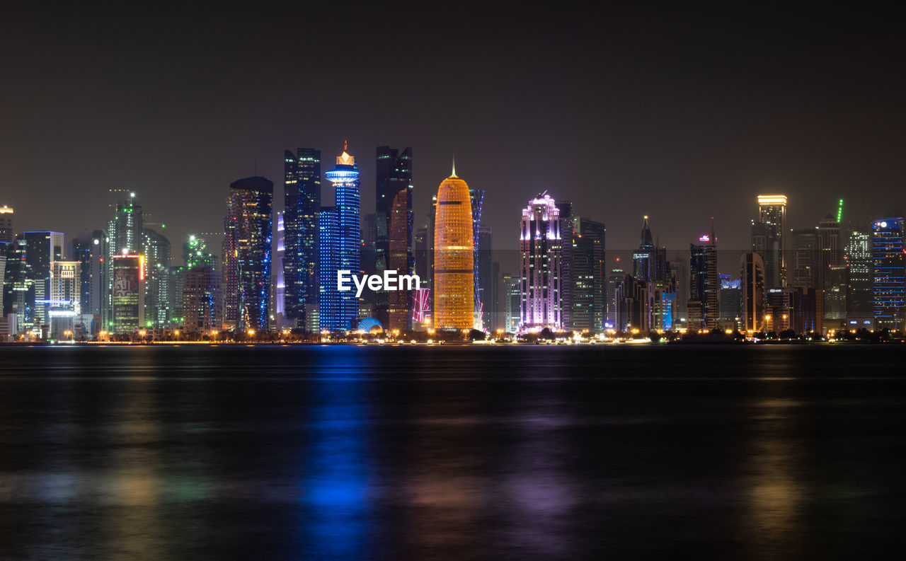 The doha skyline at night.