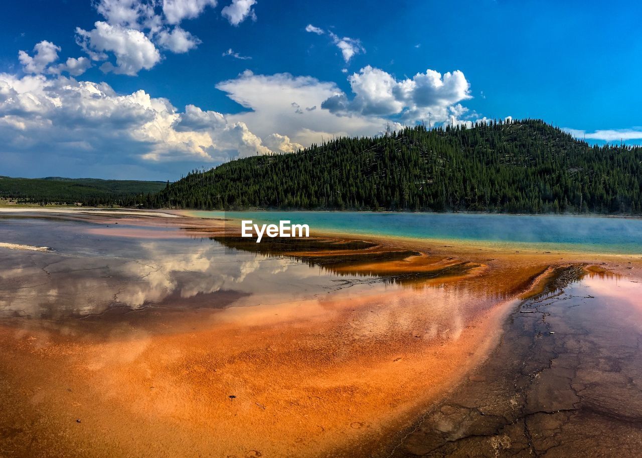 Grand prismatic spring mirrored clouds, yellowstone national park