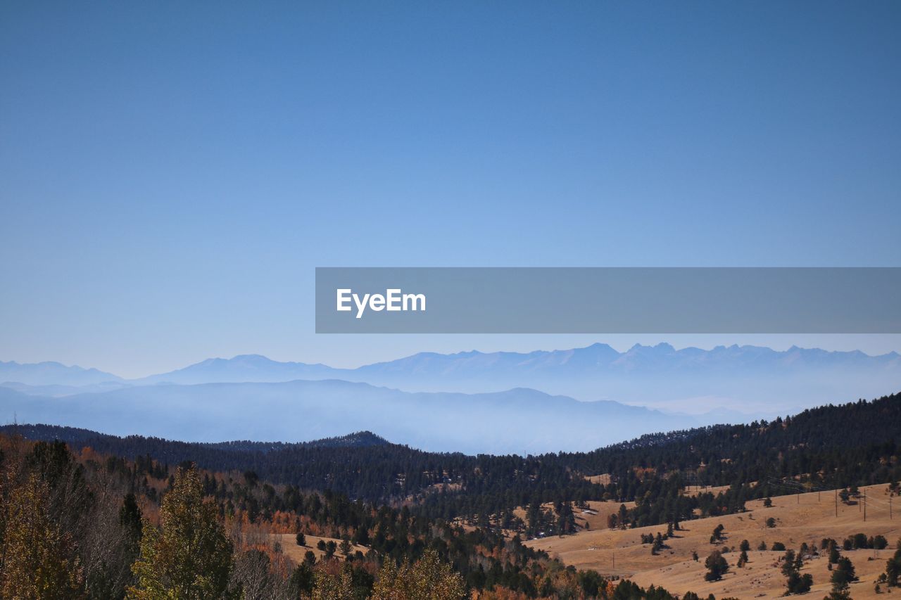 Panoramic view of landscape against clear blue sky