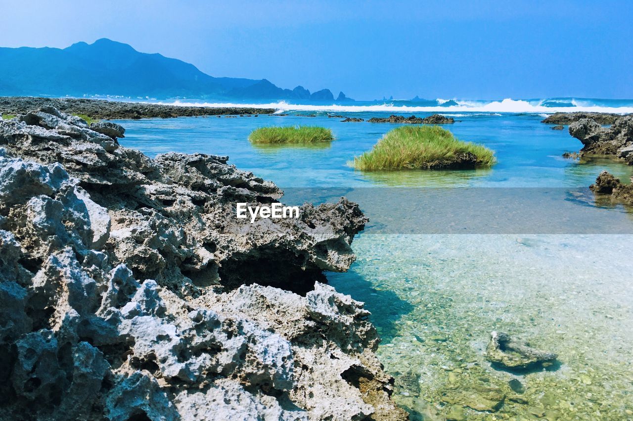 Scenic view of sea against blue sky