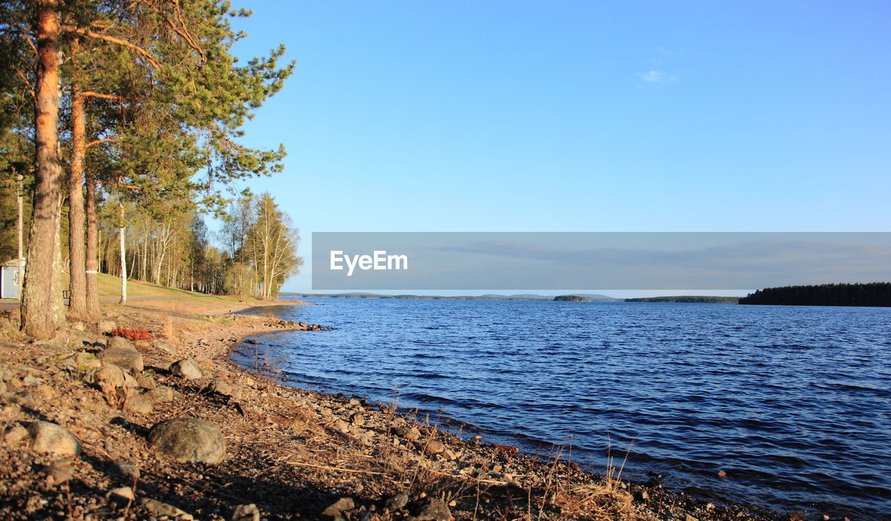 Scenic view of sea against clear blue sky