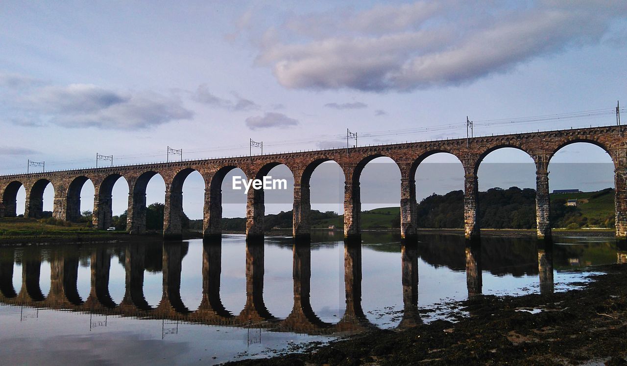 LOW ANGLE VIEW OF TRAIN ON RIVER AGAINST SKY
