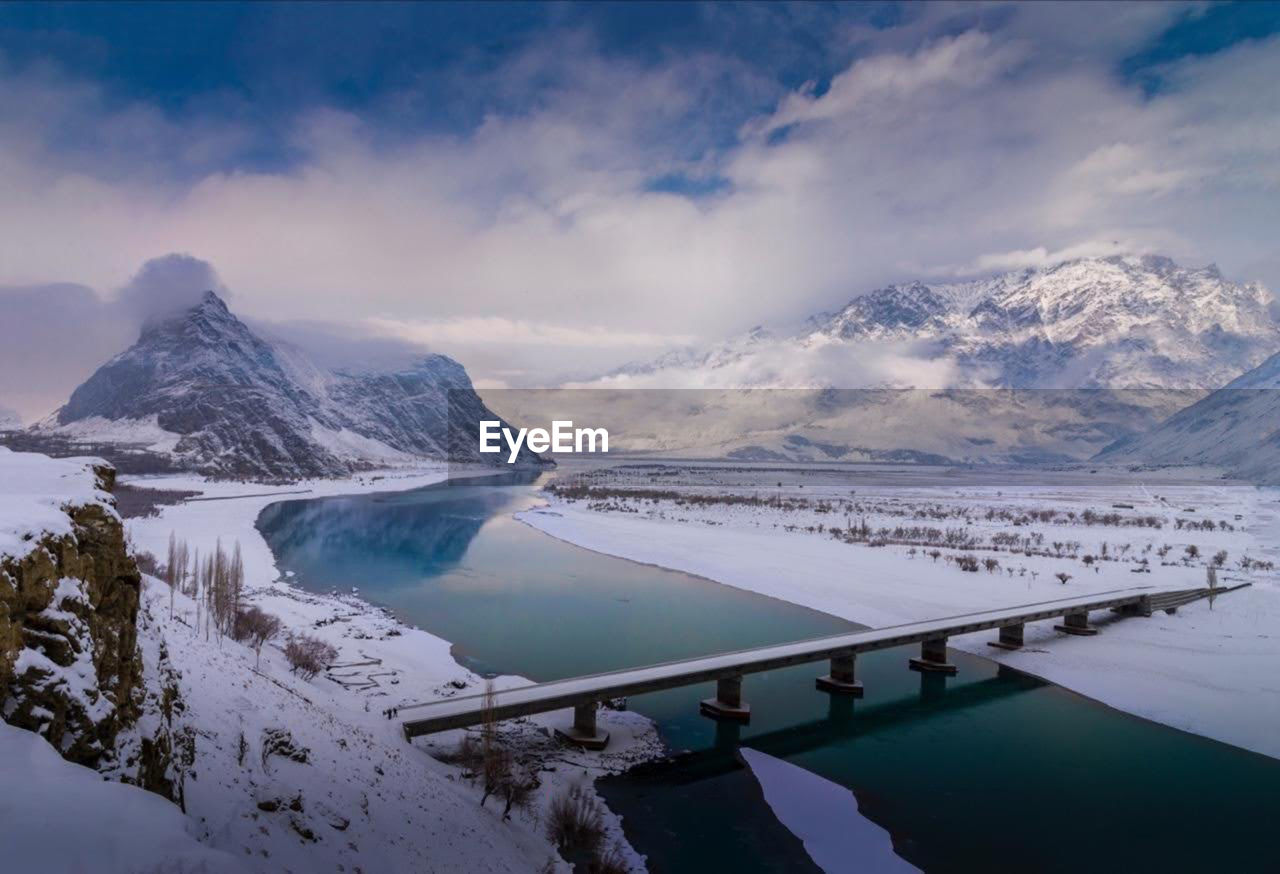 Scenic view of snowcapped mountains against sky during winter