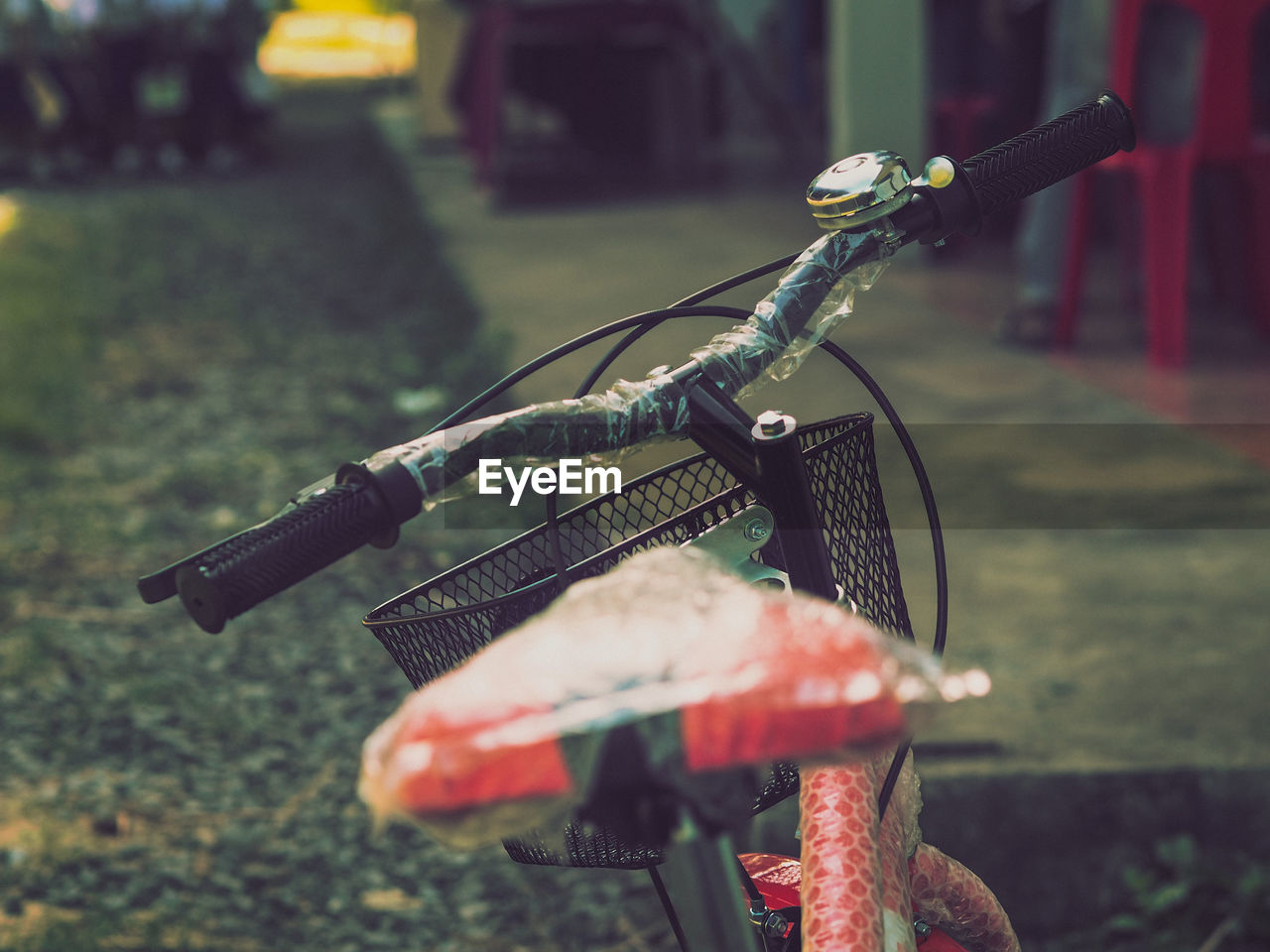 Close-up of new bicycle parked at backyard