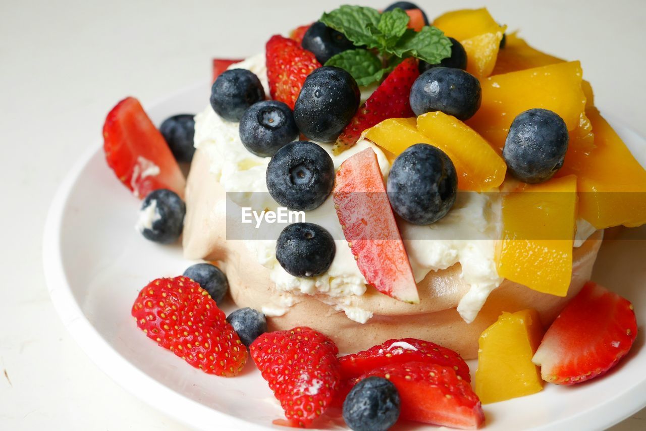 High angle view of pavlova served in plate