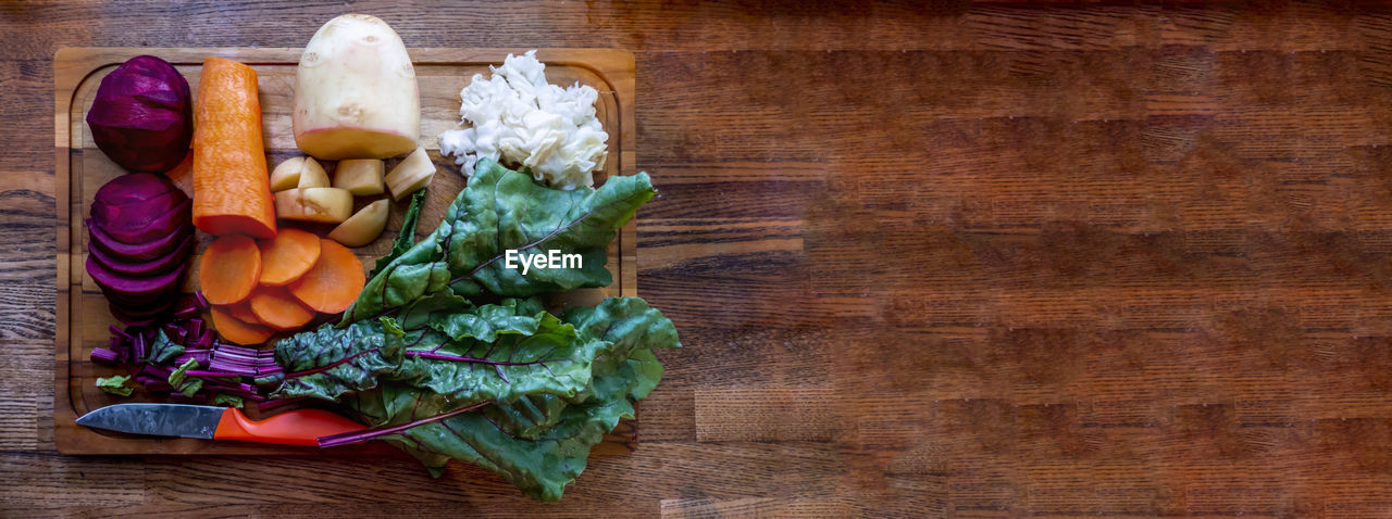 high angle view of vegetables on cutting board