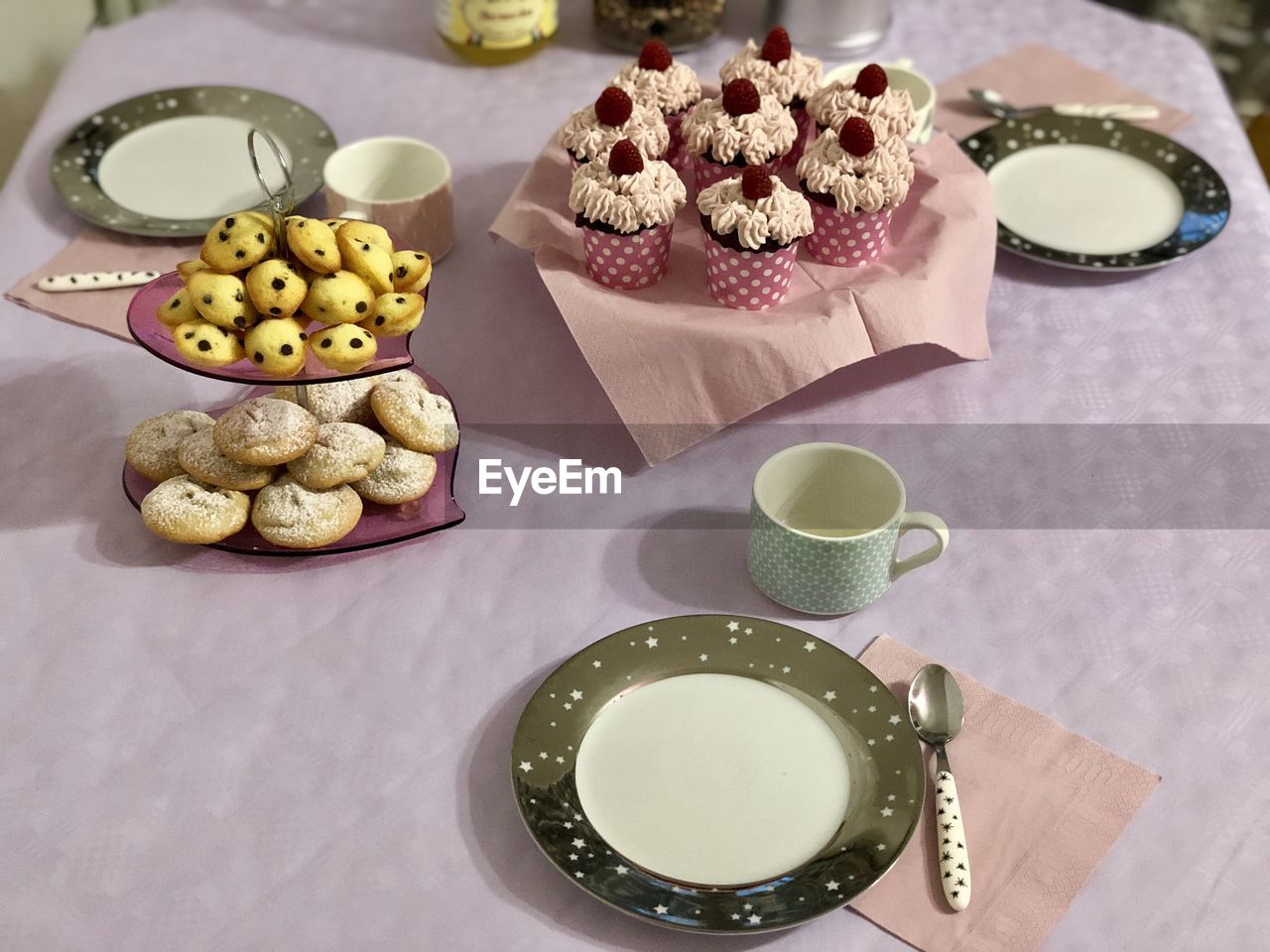 High angle view of cupcakes on table