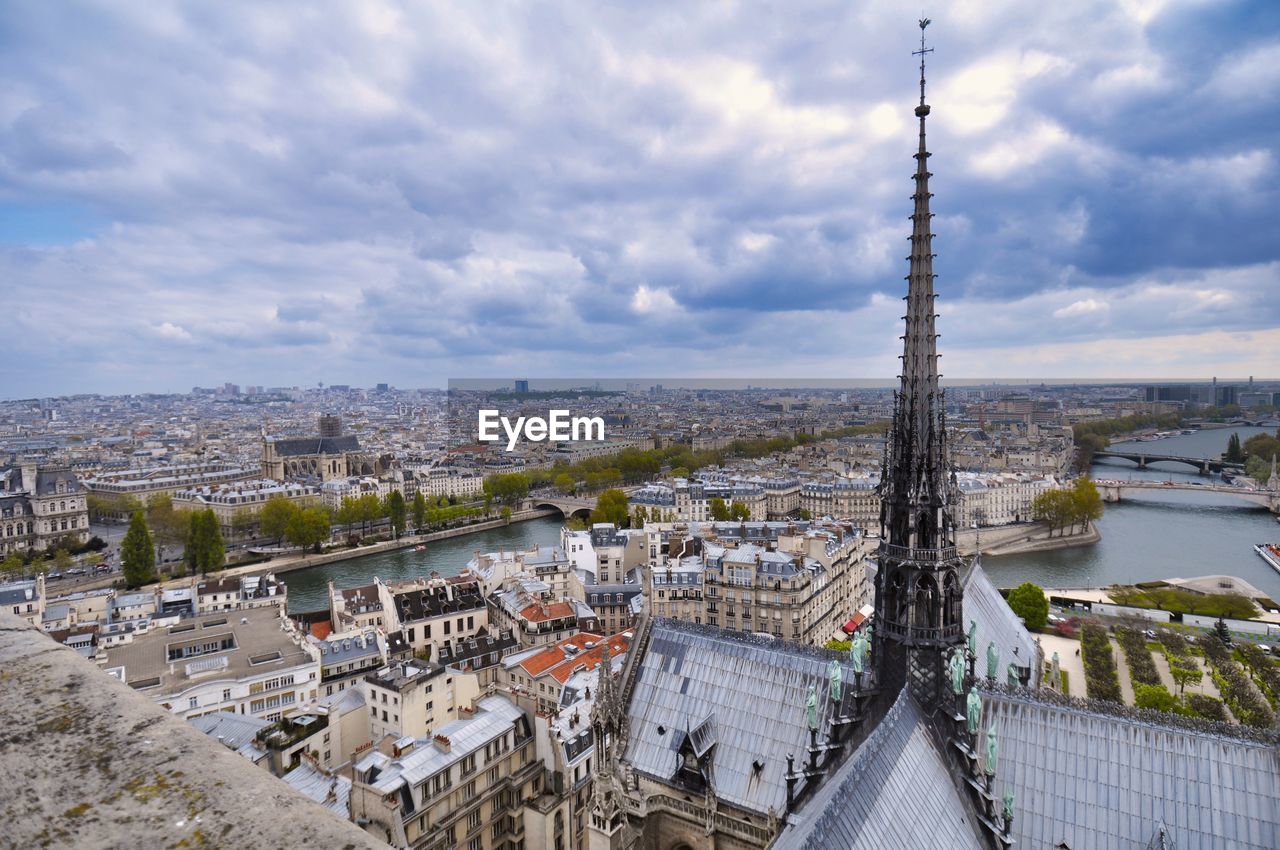 HIGH ANGLE VIEW OF CITY BUILDINGS AGAINST CLOUDY SKY