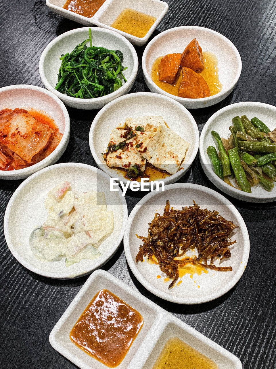 High angle view of meal served on table