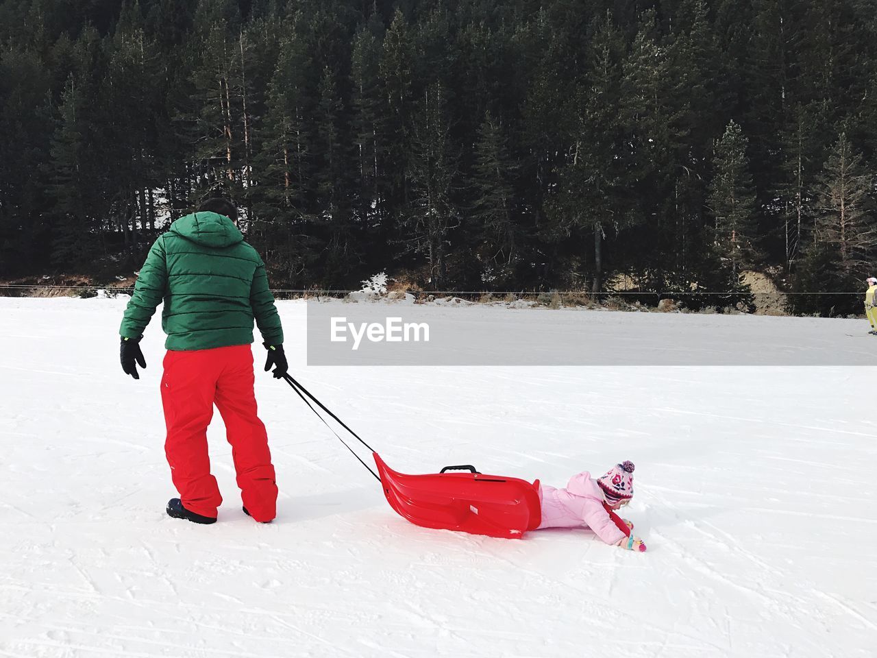 Rear view of father and son on snow