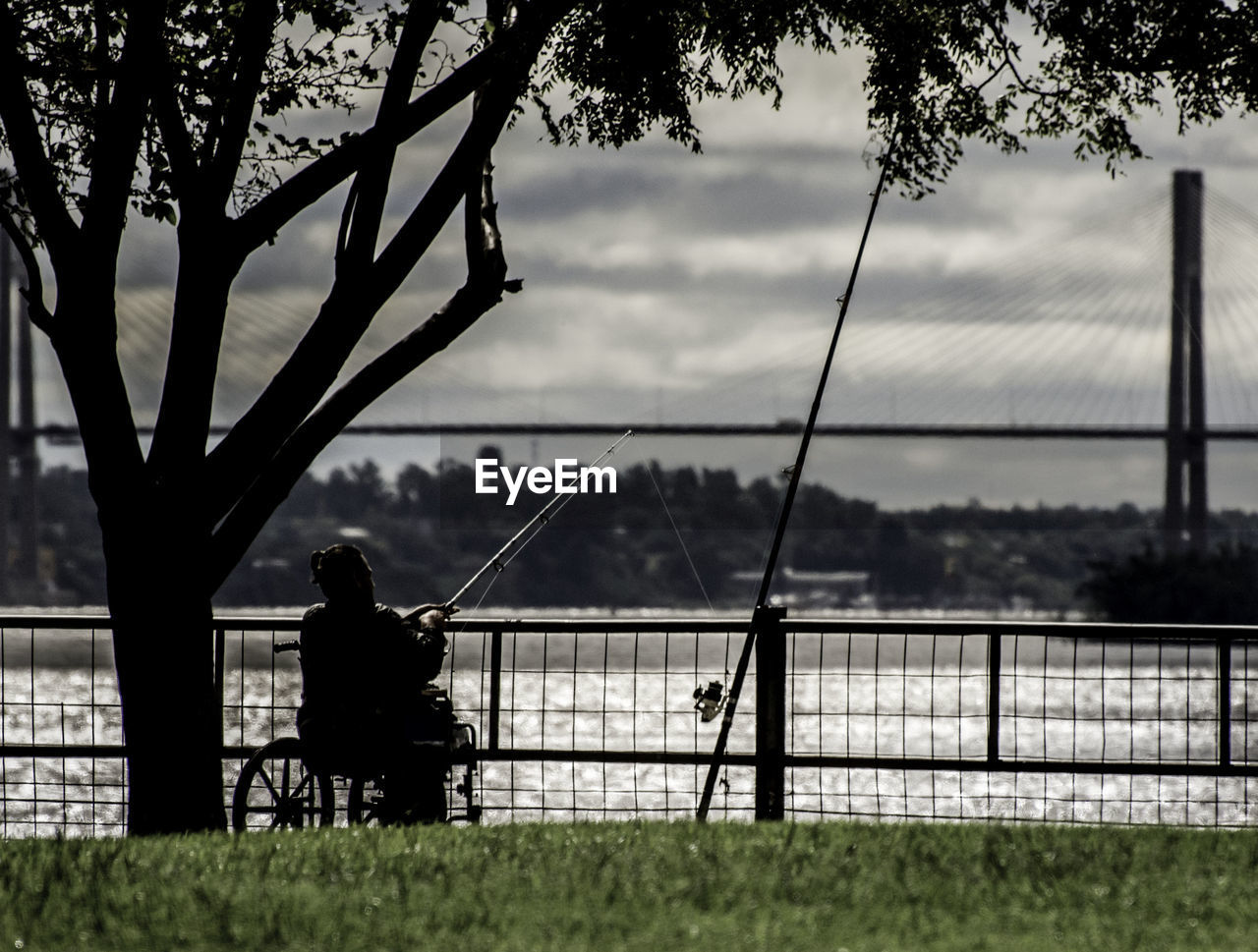 Silhouette of man fishing