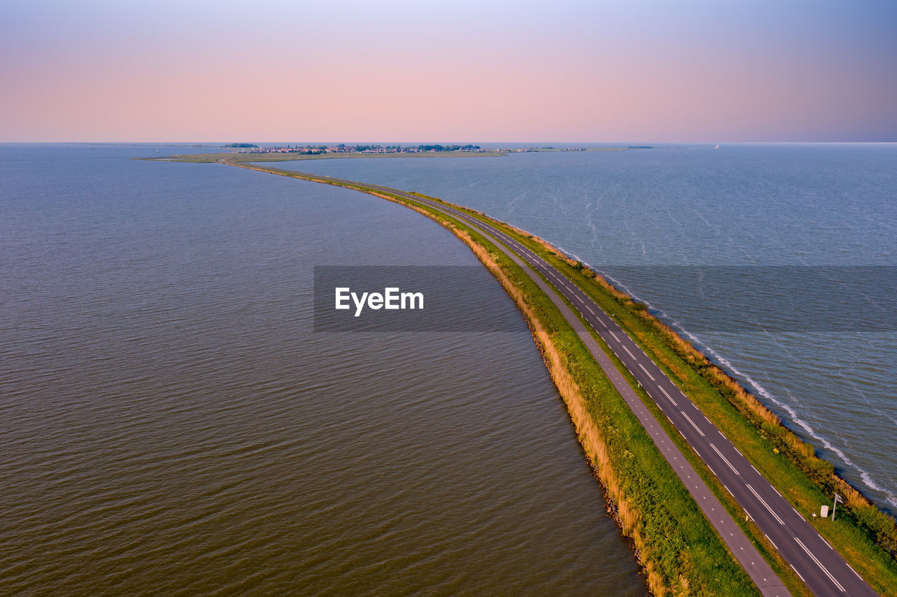 Aerial from the dyke to marken at the ijsselmeer in the netherlands