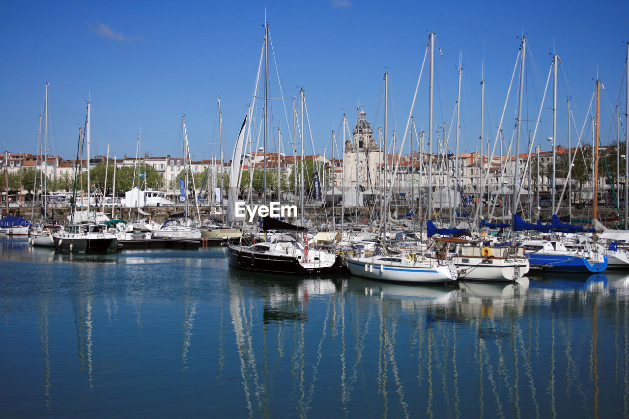 Sailboats moored in harbor