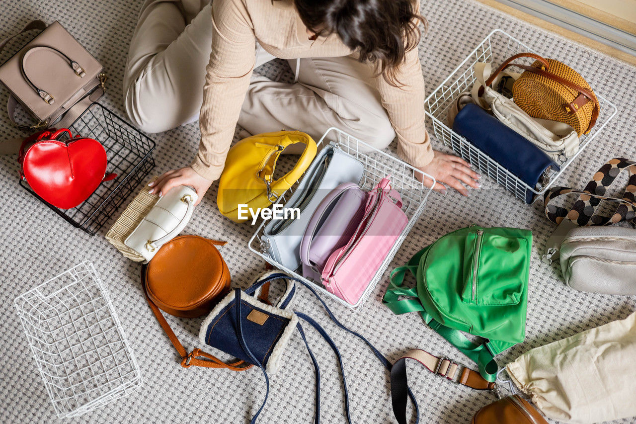 high angle view of woman with personal accessories