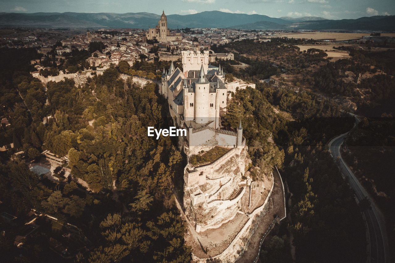 Alcazar of segovia and cathedral from aerial view