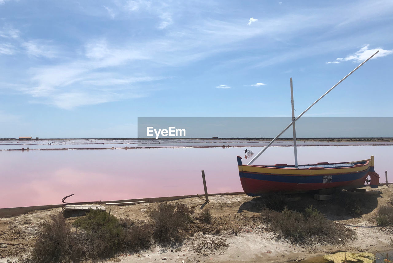 FISHING BOAT MOORED ON SHORE AGAINST SKY