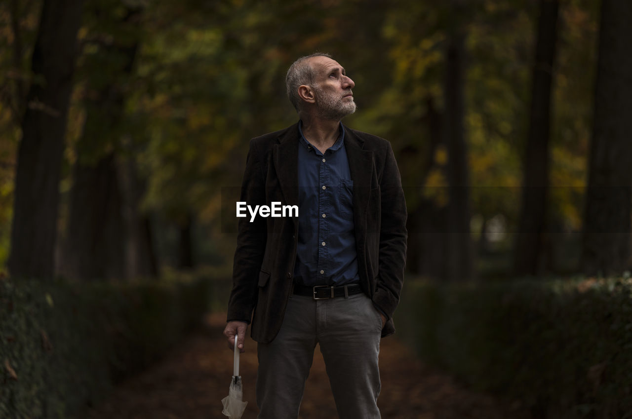 Portrait of adult man  in public park in autumn against green plants. shot in retiro park, madrid.