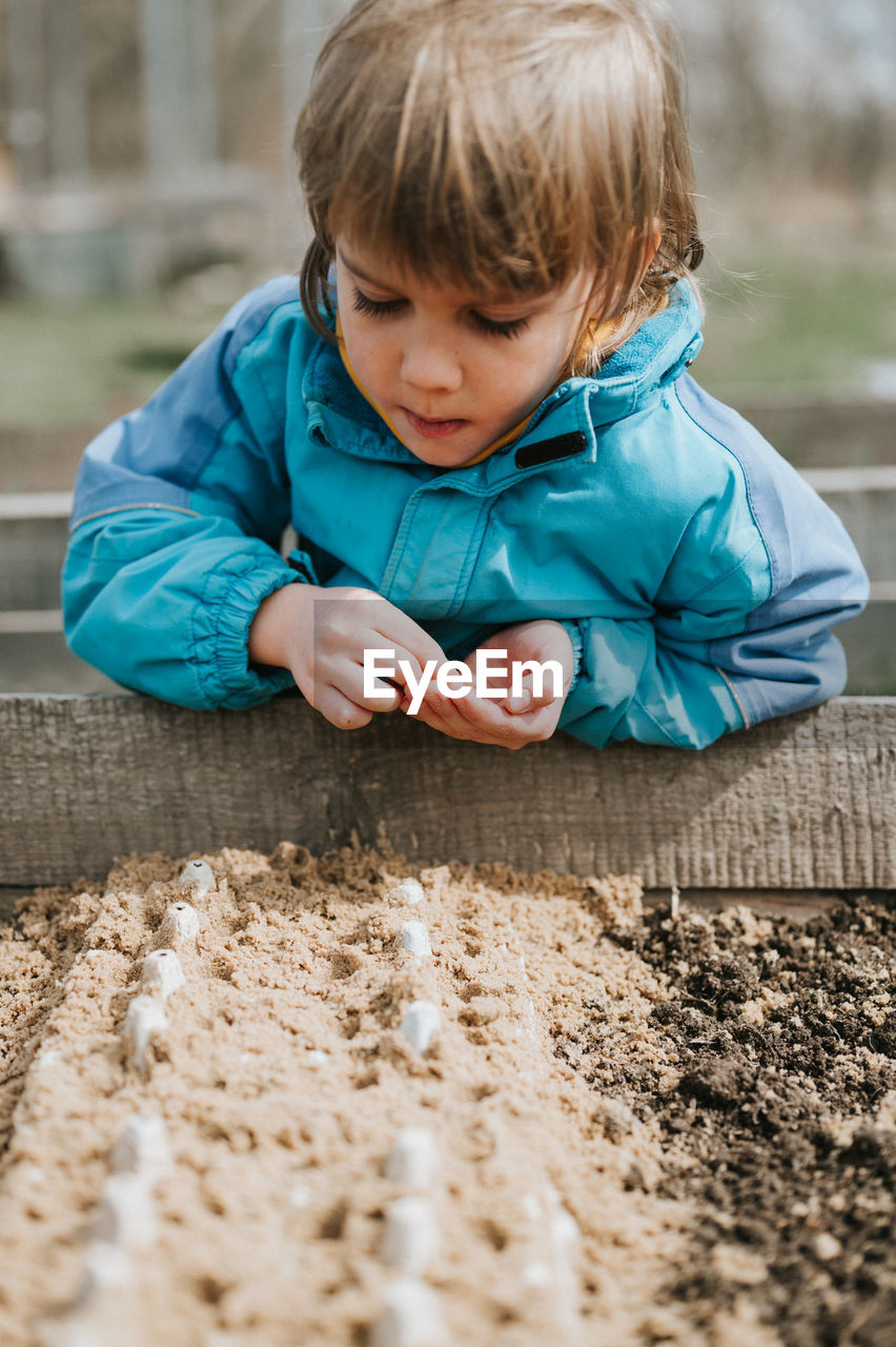 Spring planting seeding farm garden. little kid boy farmer gardener plants sow vegetable seeds soil