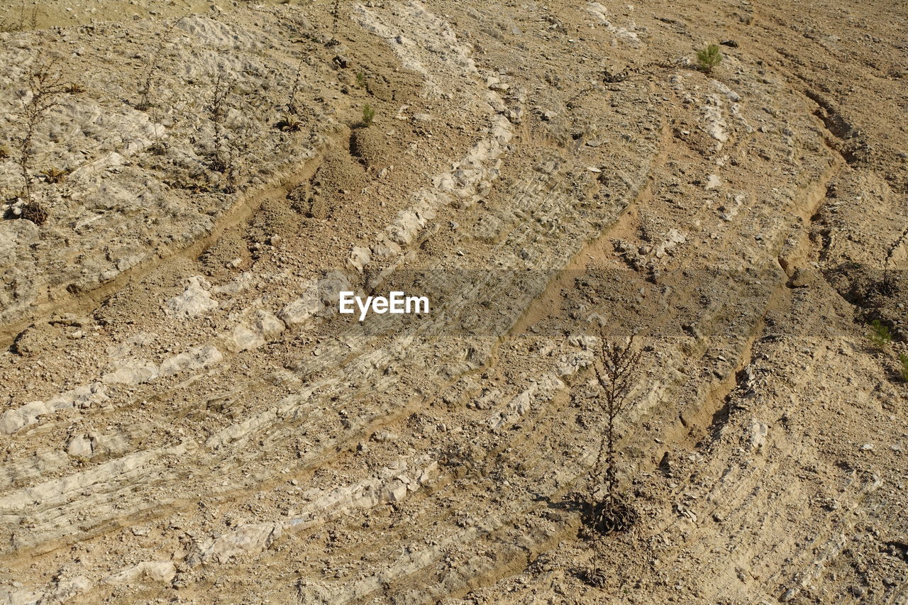 HIGH ANGLE VIEW OF SAND ON GROUND