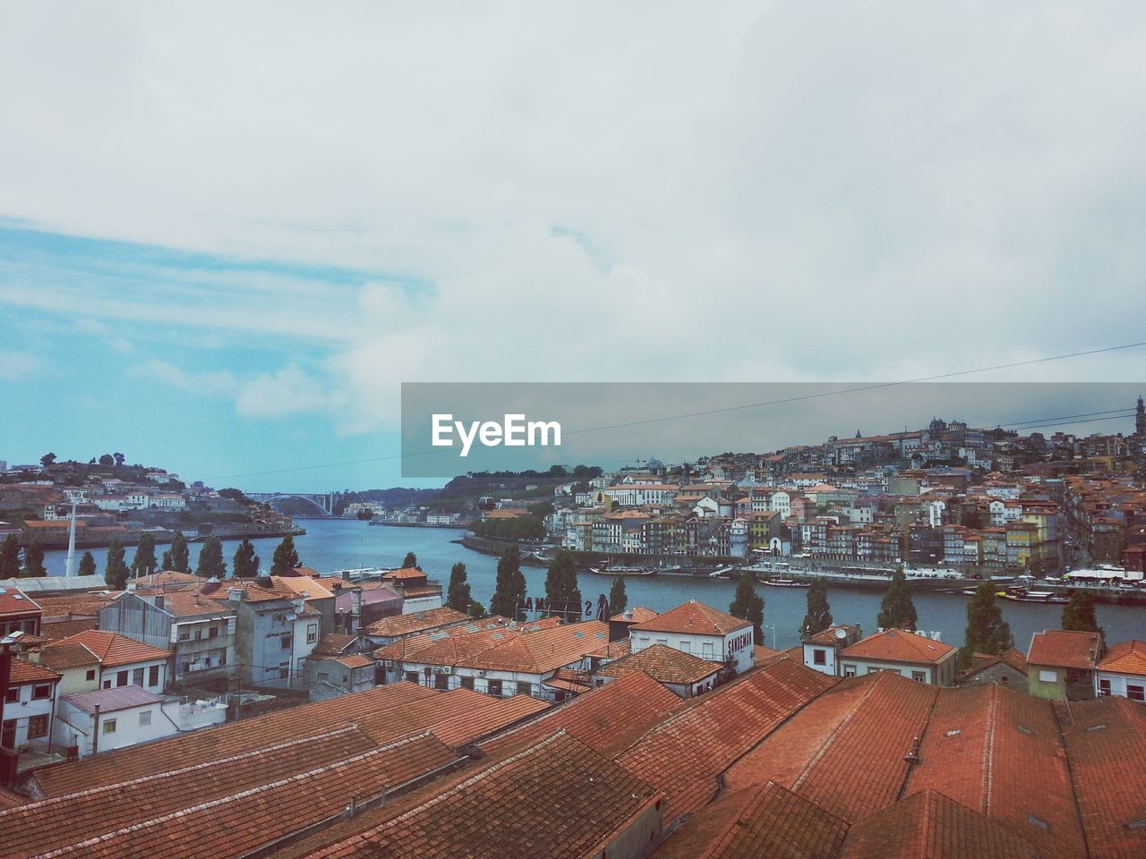 High angle view of houses along river