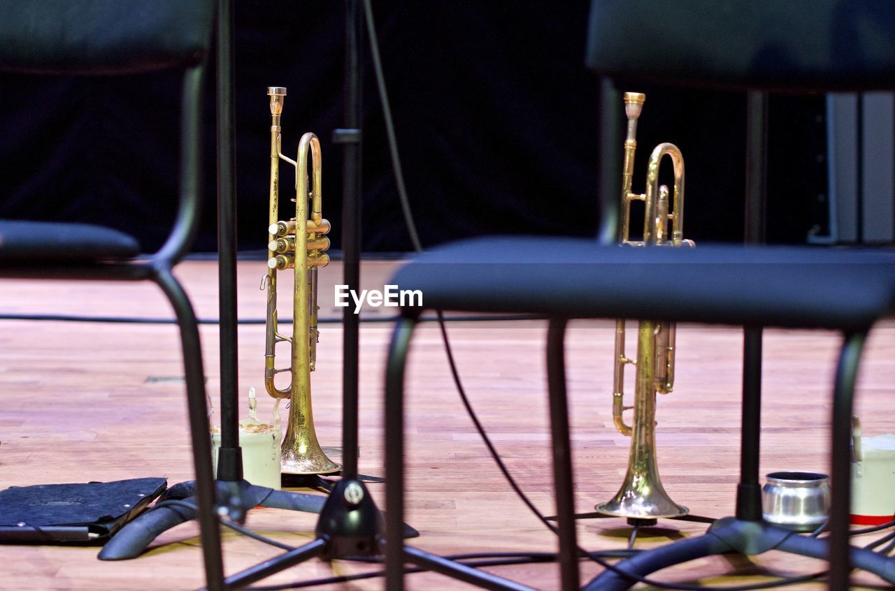 Close-up of musical instruments on stage