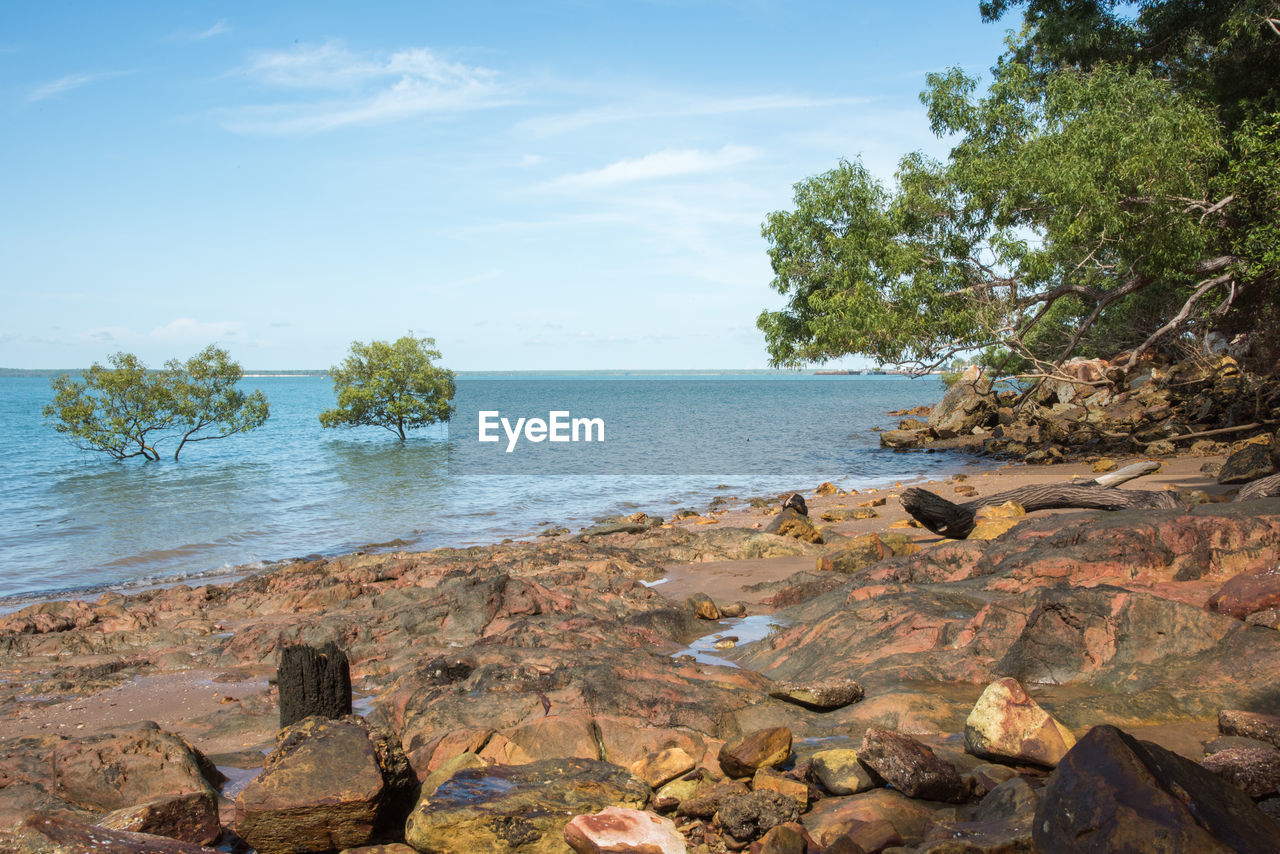 SCENIC VIEW OF ROCKY BEACH AGAINST SKY