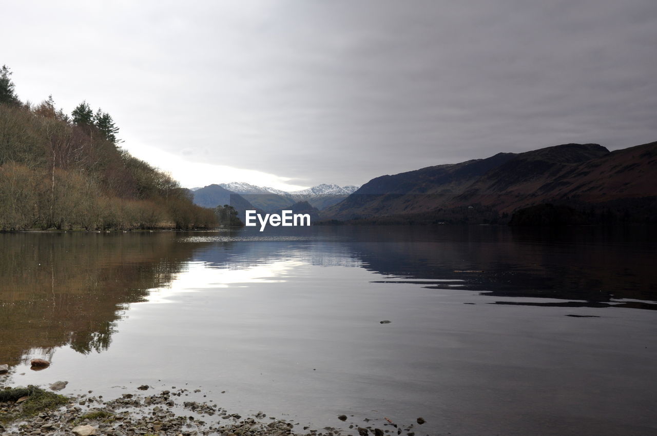 Scenic view of calm lake against cloudy sky