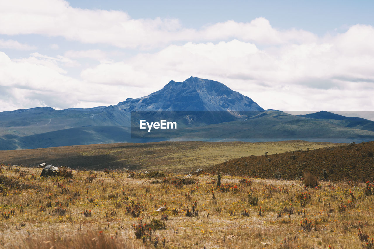 Scenic view of field and mountains against sky