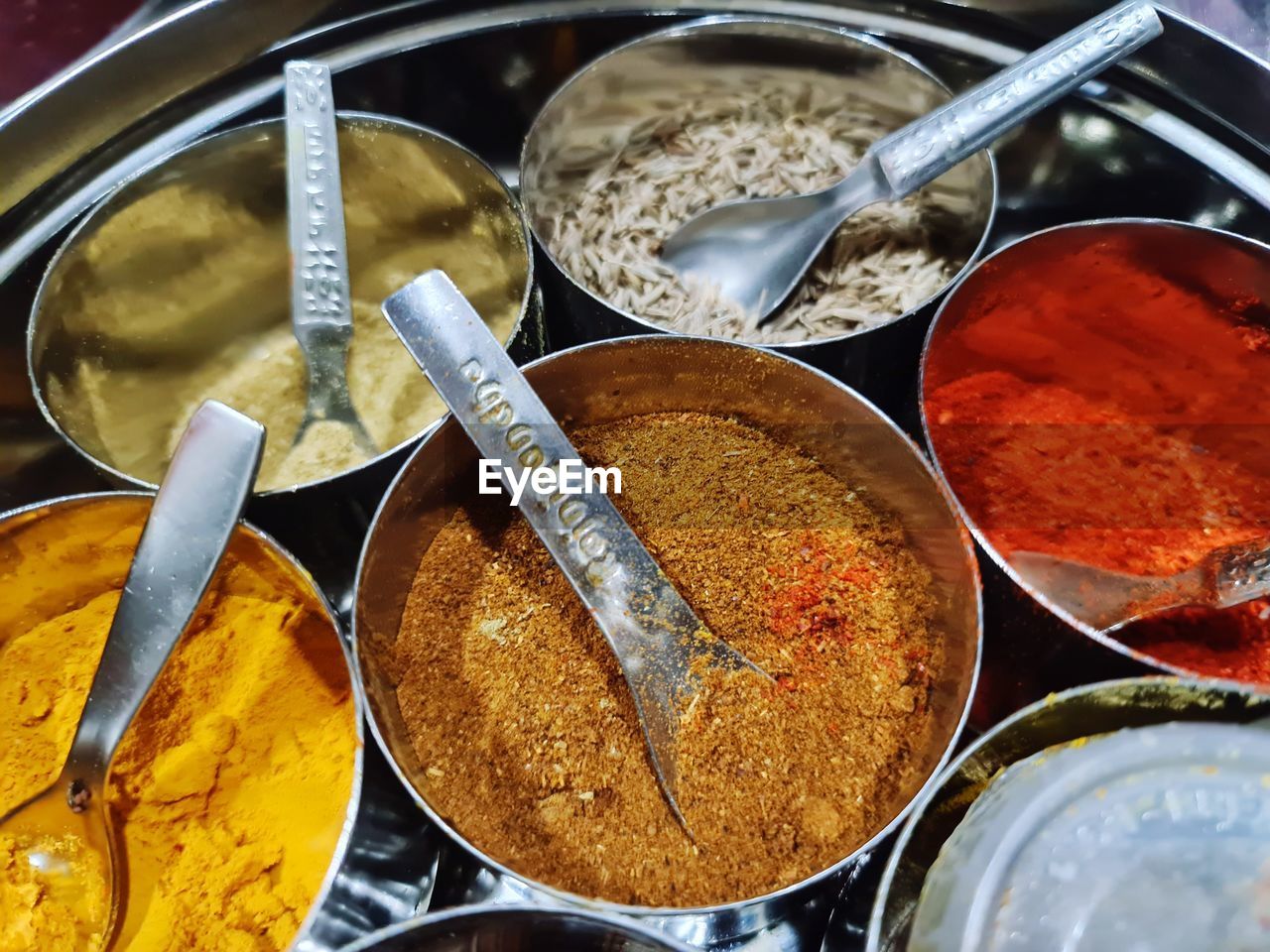 High angle view of spices in container