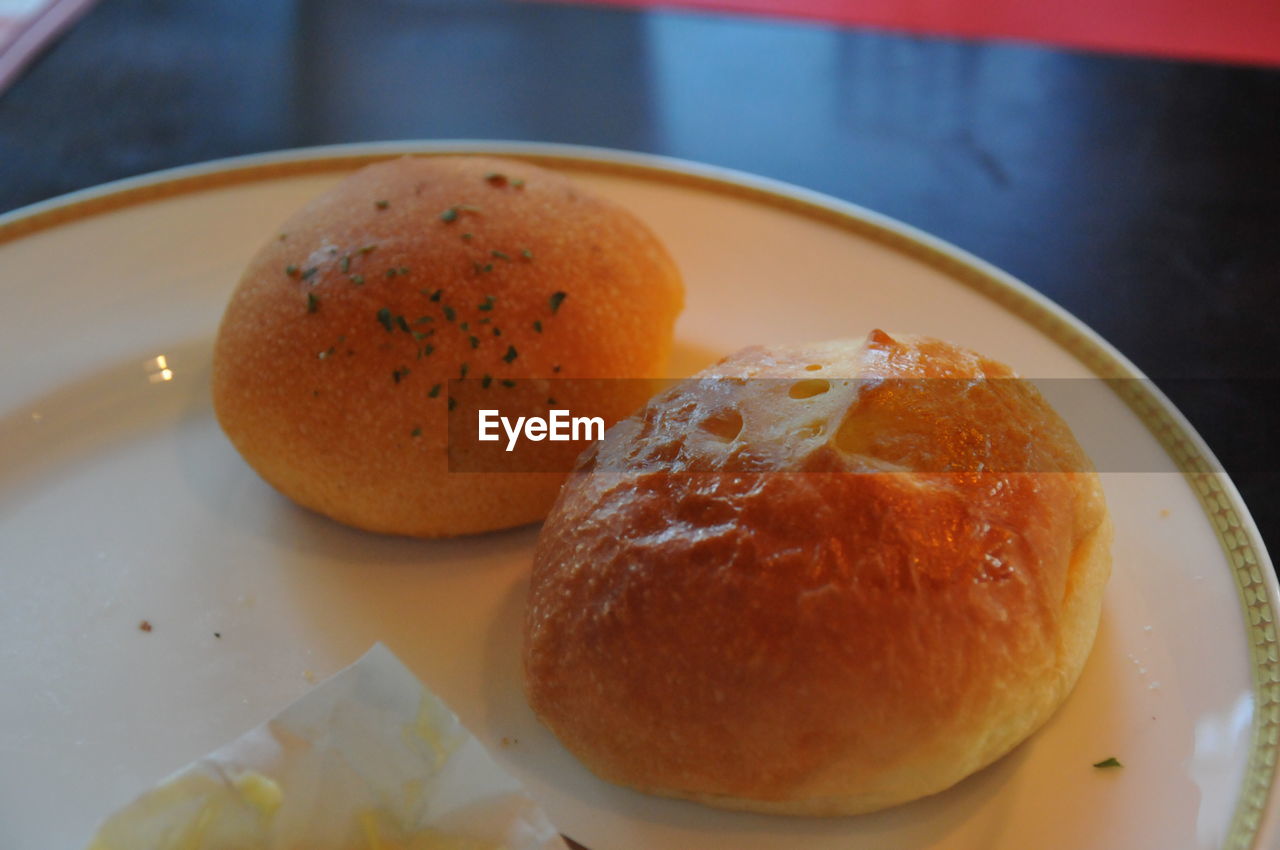 High angle view of breakfast in plate on table