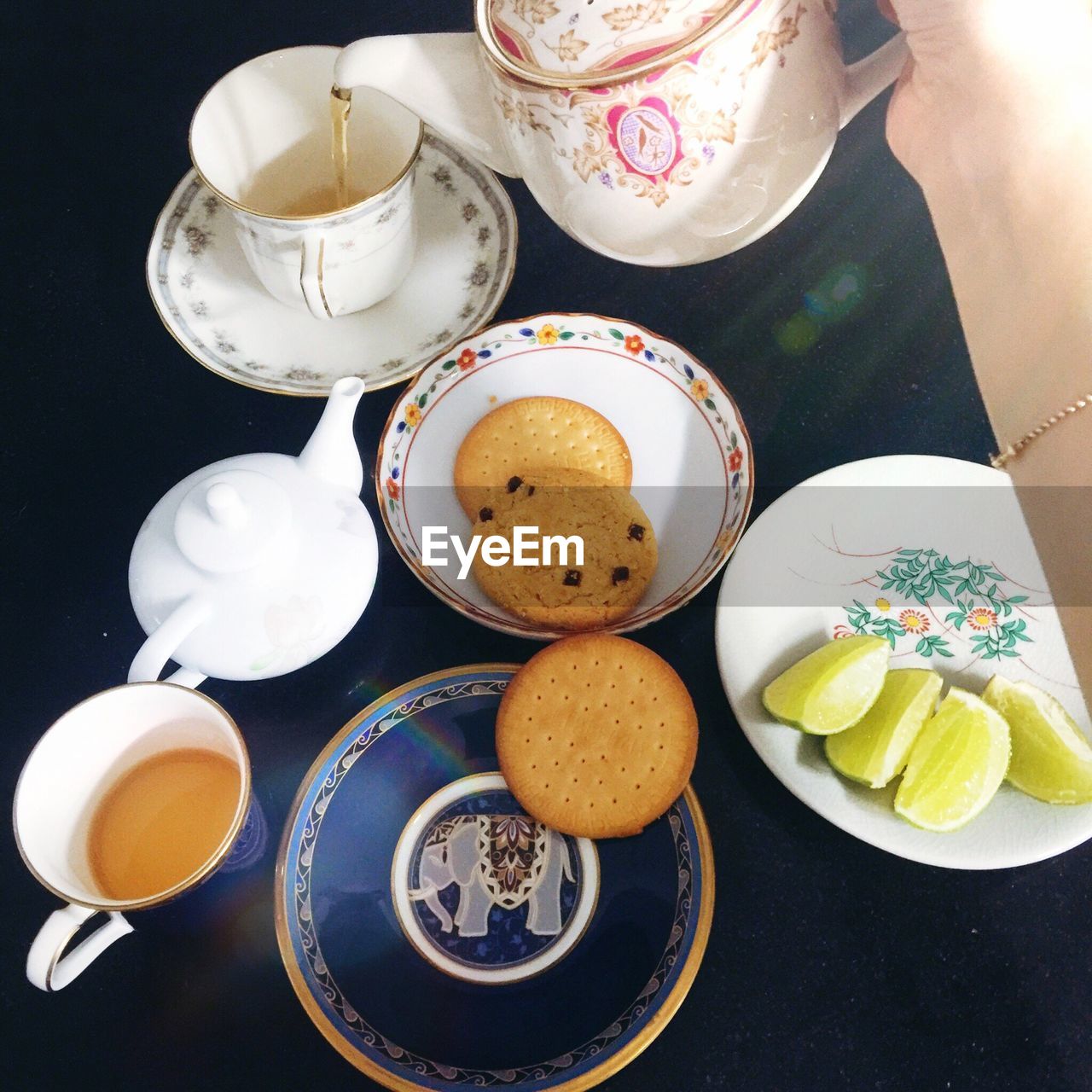 High angle view of tea cups on table