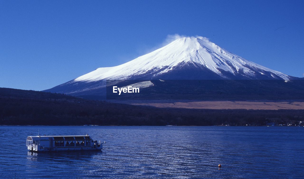 Scenic view of lake against snowcapped mountain