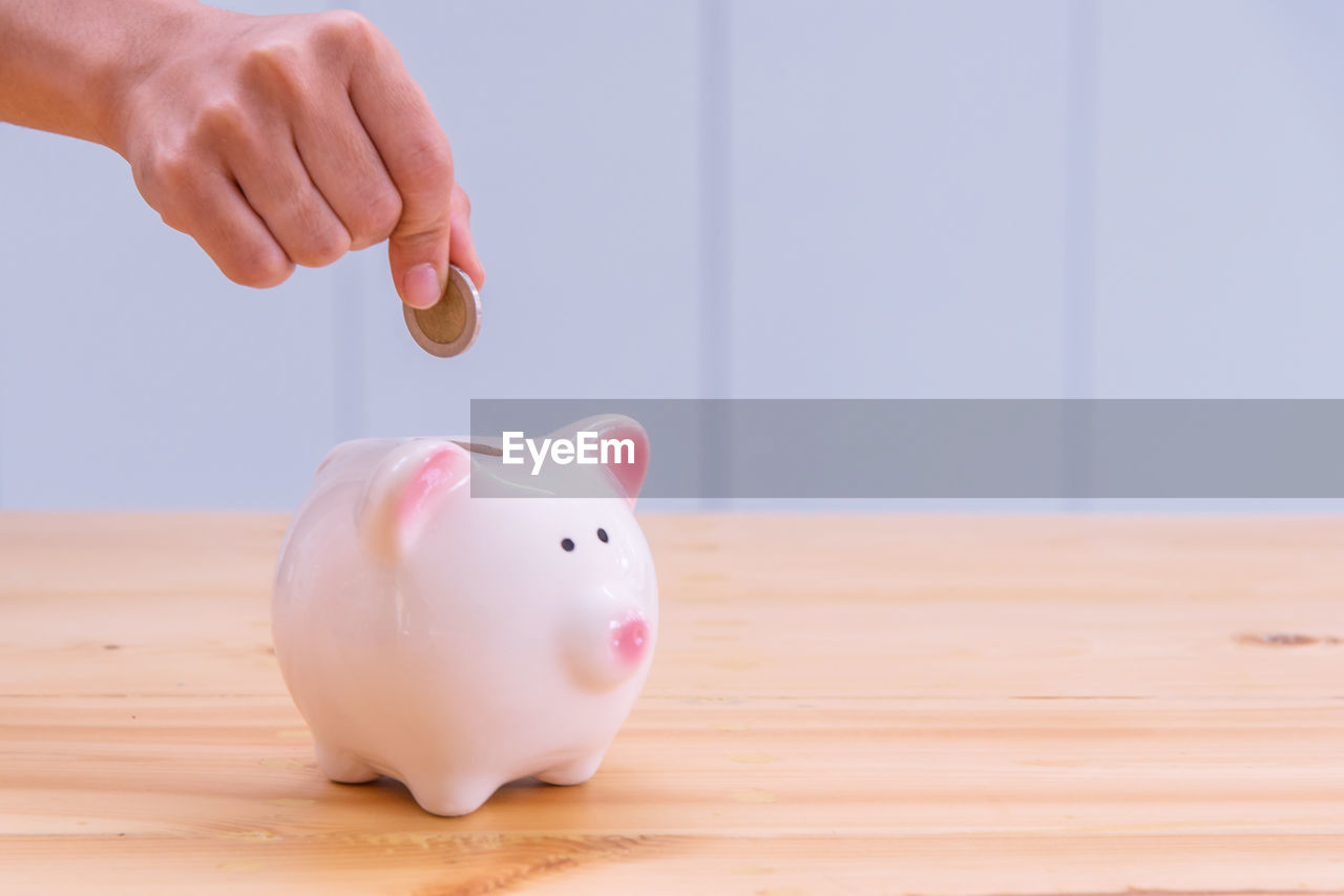 Cropped hand putting coin in piggy bank on table