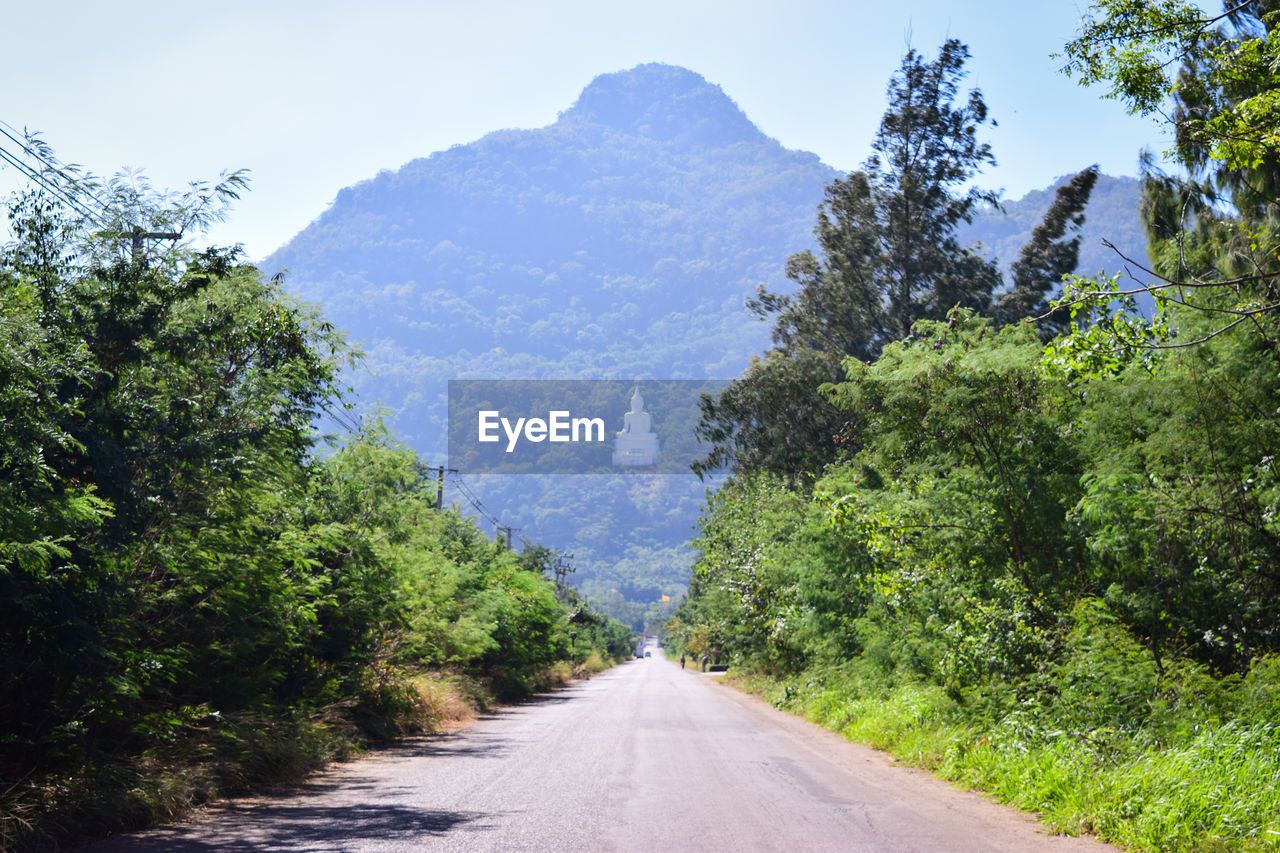 Road amidst trees and mountains against sky