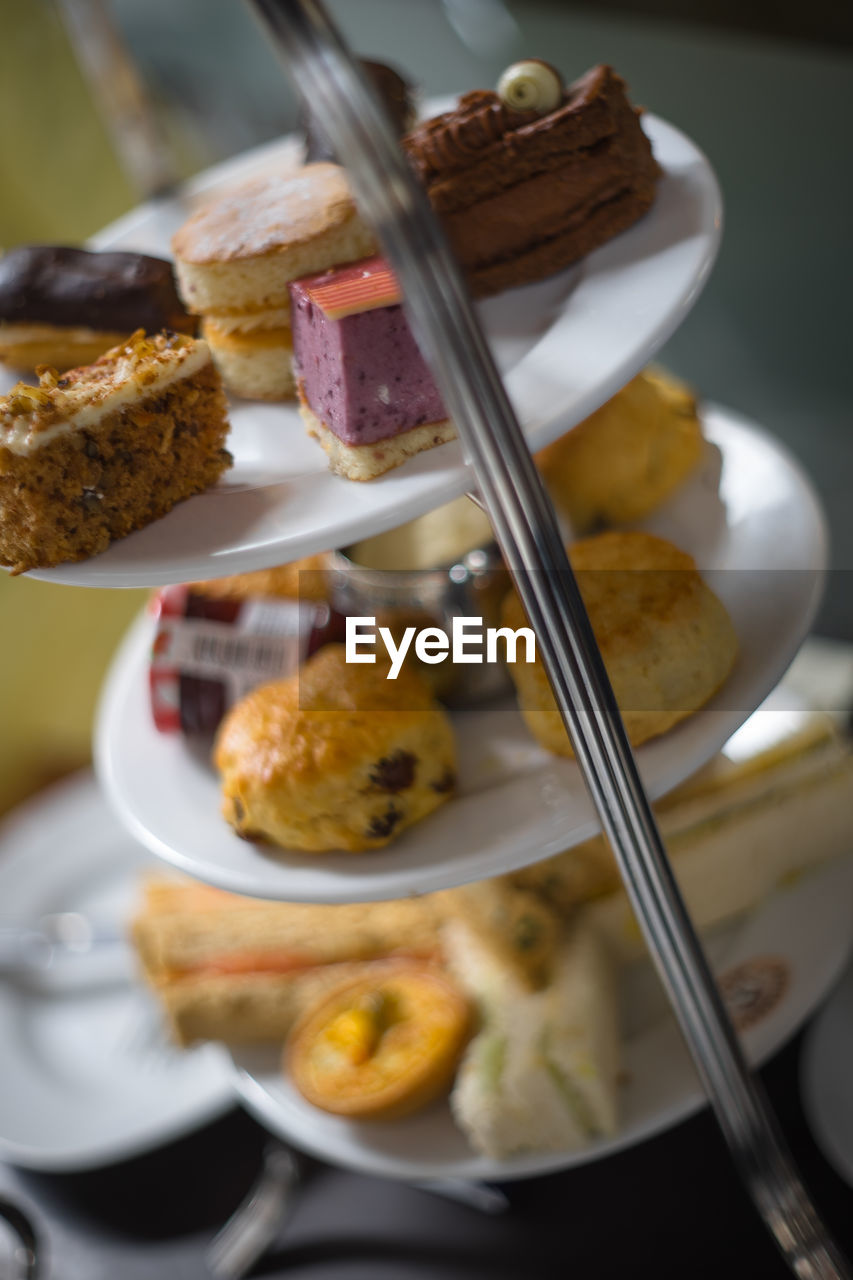 High angle view of food in plates on table