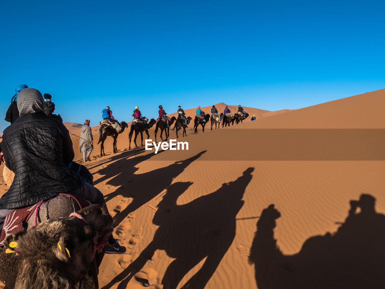 GROUP OF PEOPLE RIDING IN DESERT AGAINST SKY