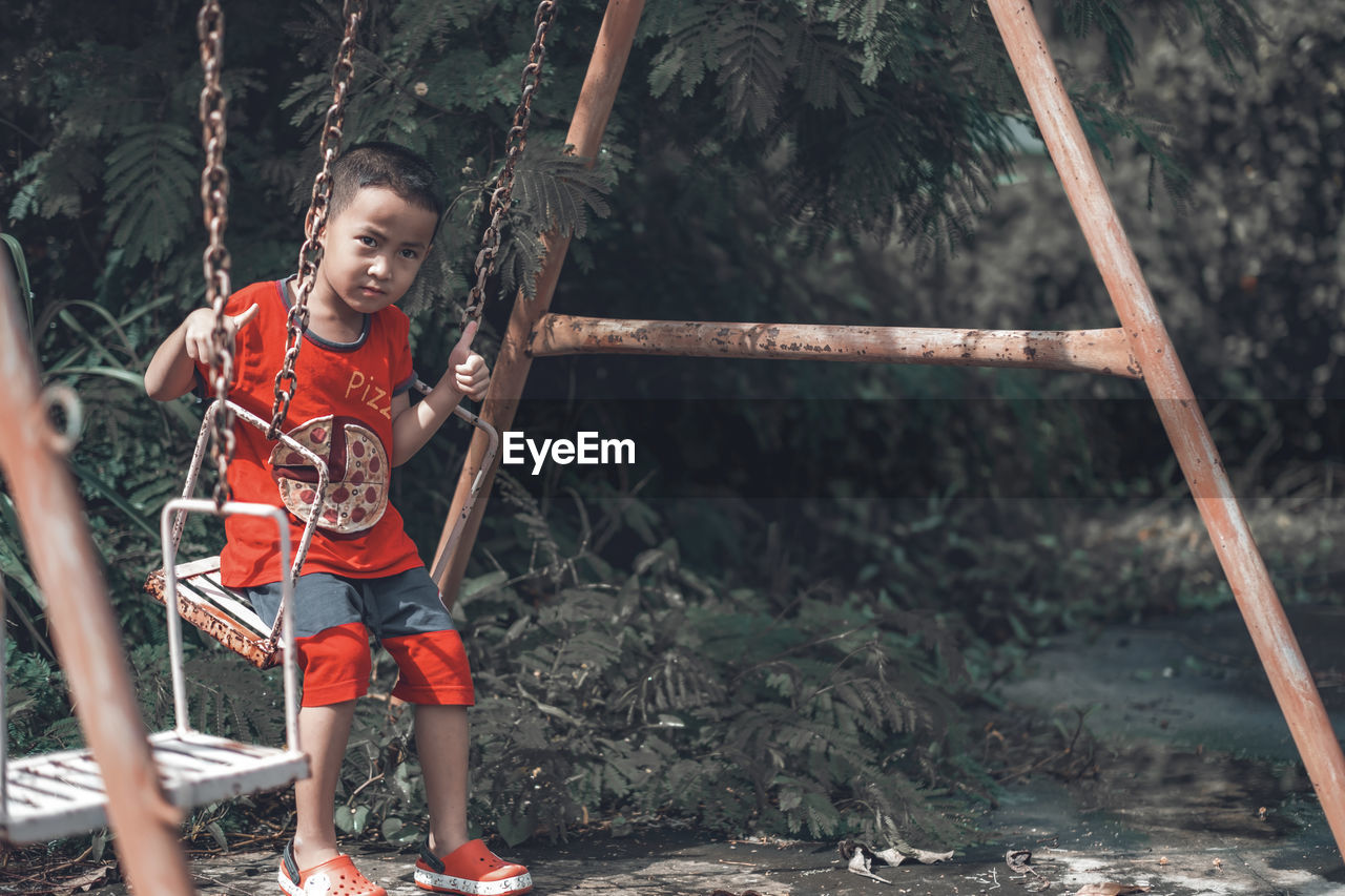 Portrait of smiling boy on swing against trees