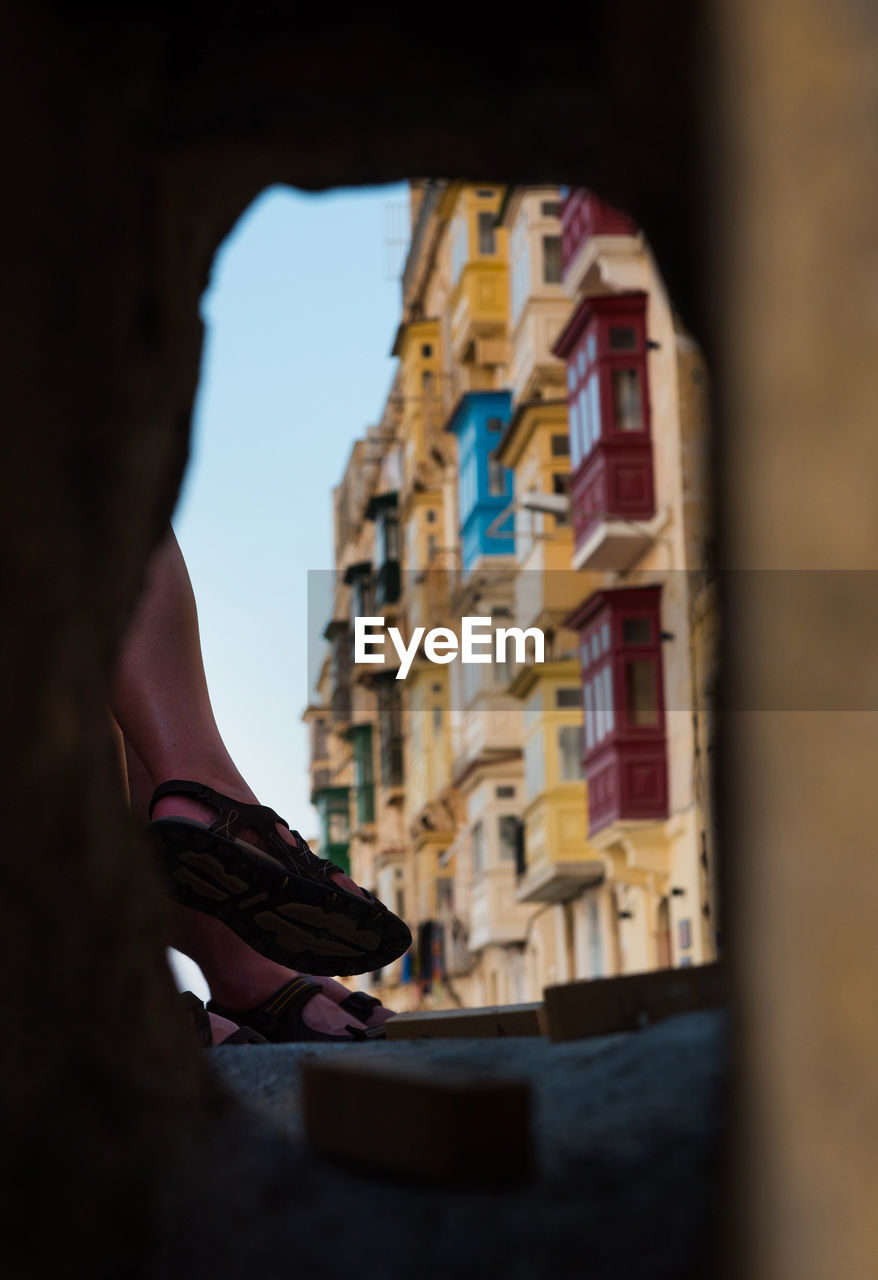 Valletta balconies, view from under a bridge. malta