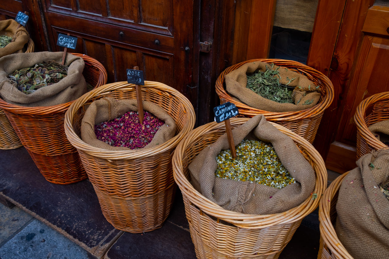 High angle view of herbs and spices for sale in market