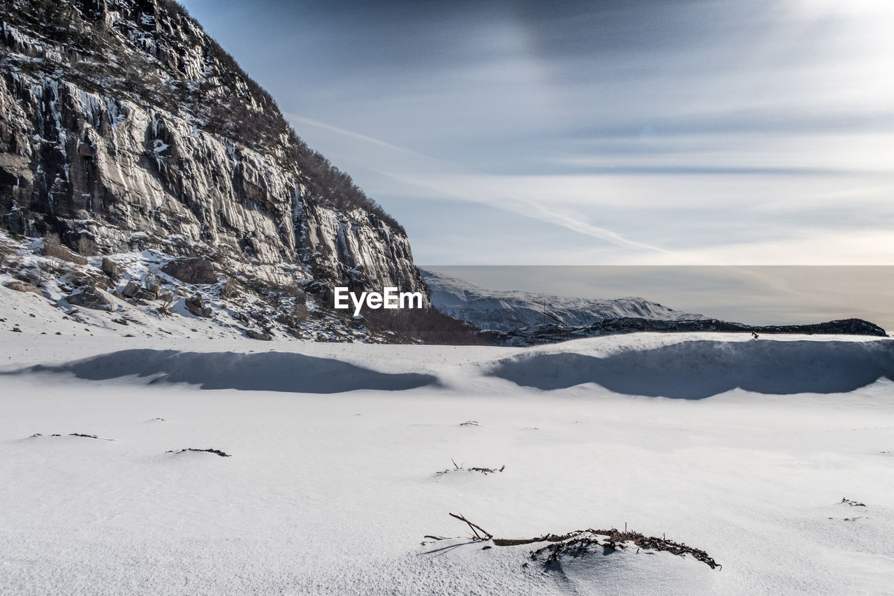 Scenic view of landscape against sky during winter