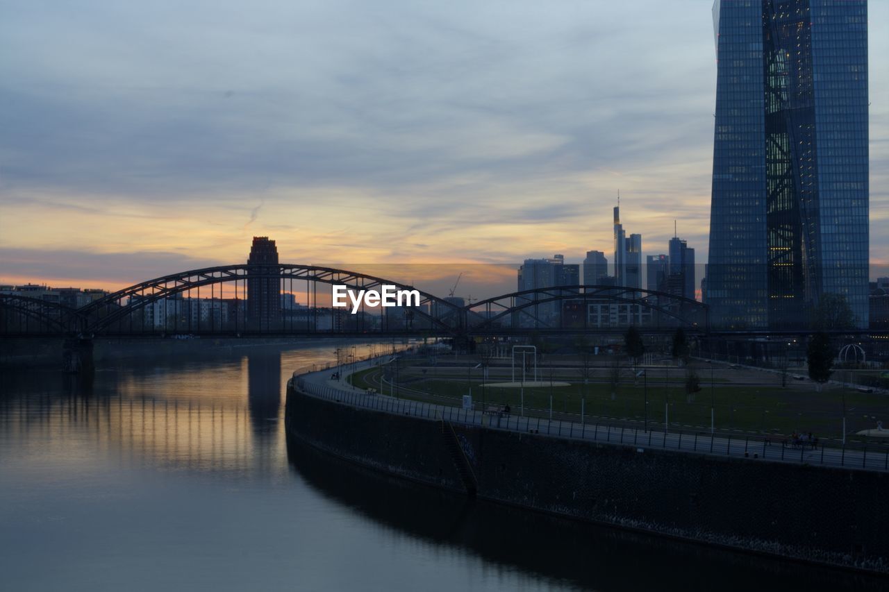 Bridge over river at sunset