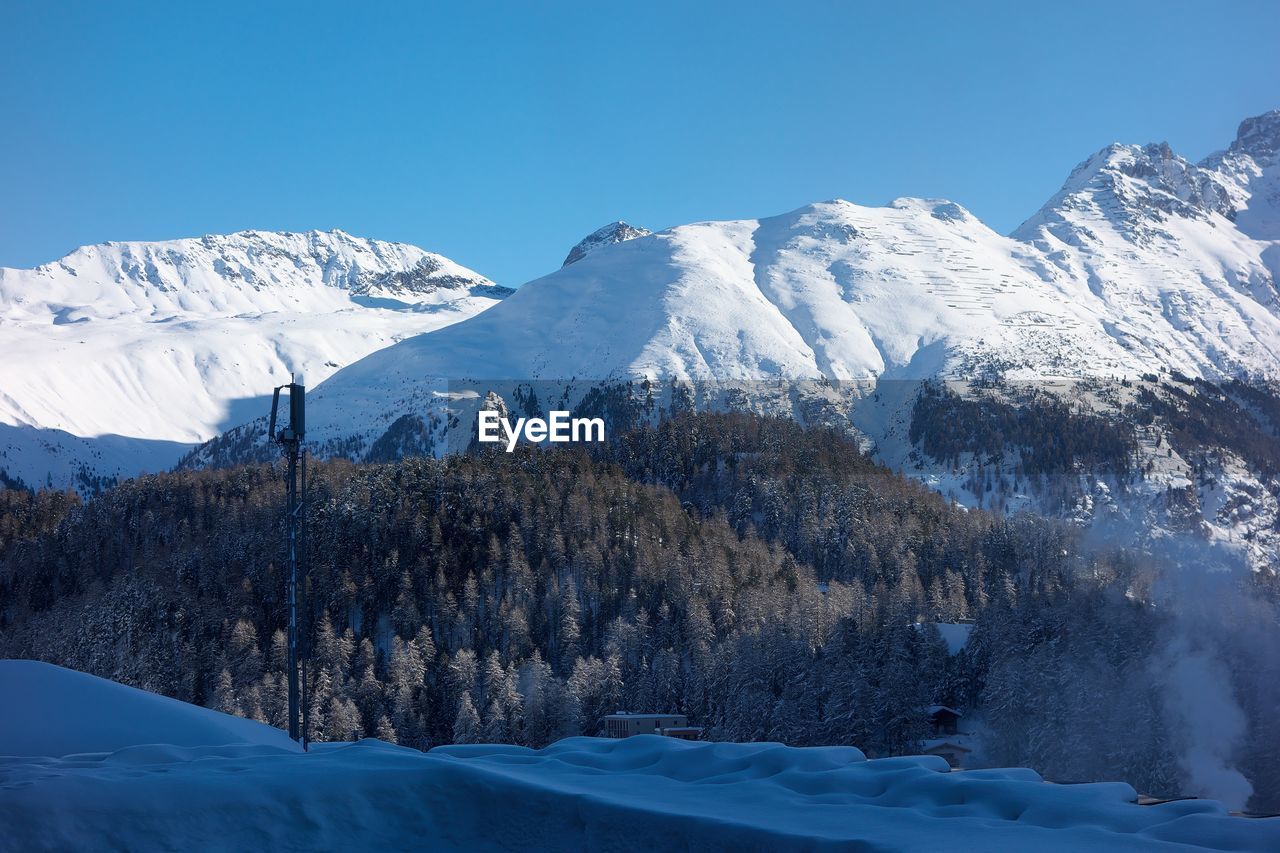 Scenic view of snowcapped mountains against clear blue sky