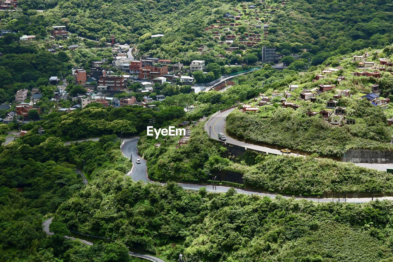 High angle view of trees and buildings in city