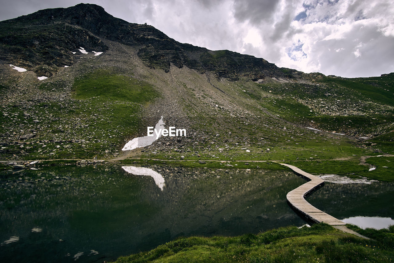 Scenic view of lake by mountain against sky