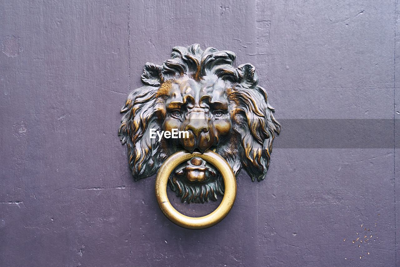 door knocker, door, feline, animal, lion - feline, cat, animal representation, animal themes, entrance, no people, metal, animal wildlife, mammal, representation, creativity, craft, gold, close-up, wall - building feature, architecture, day, doorknob, knob, art