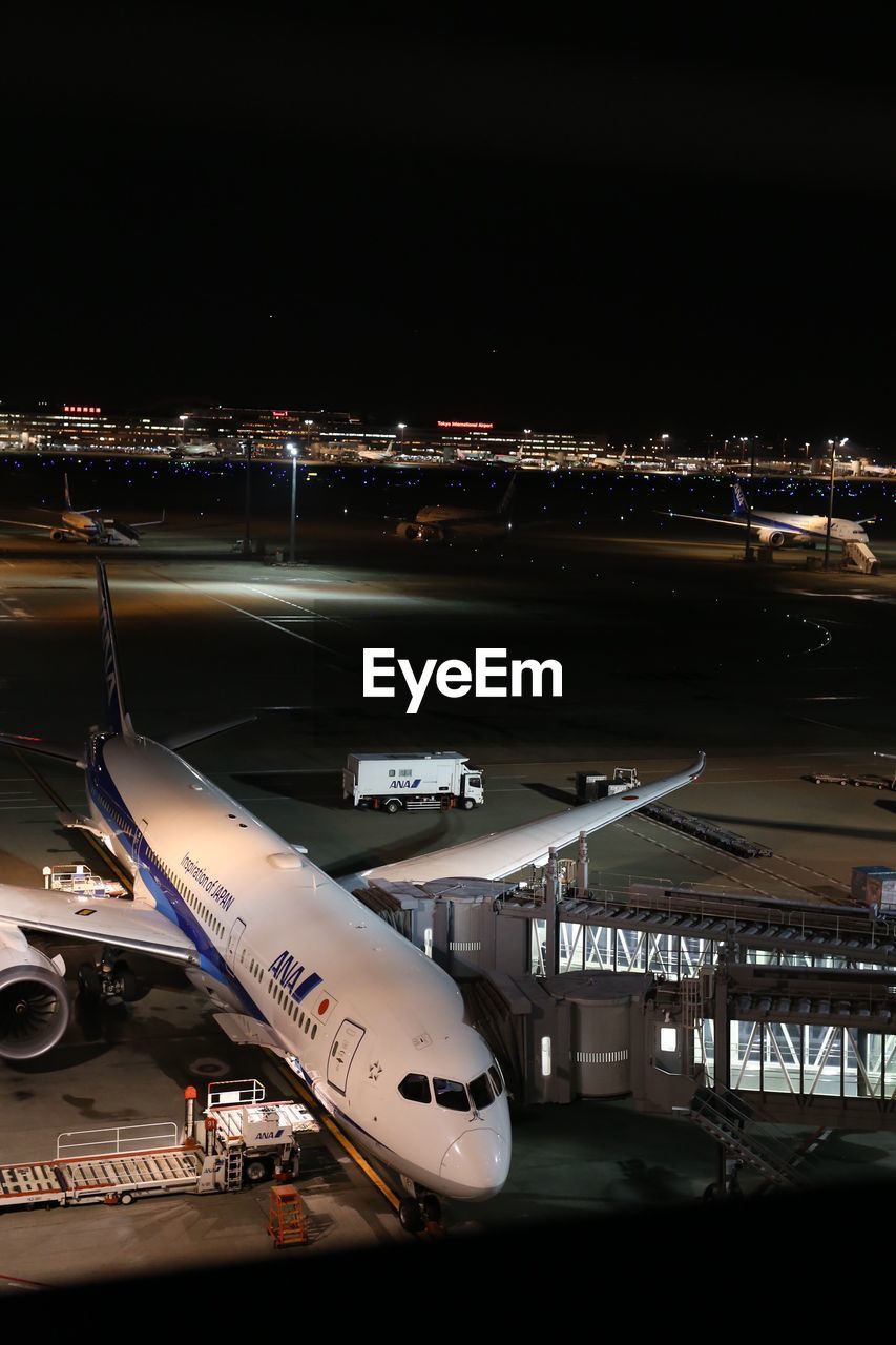 AIRPLANE AT AIRPORT RUNWAY AT NIGHT