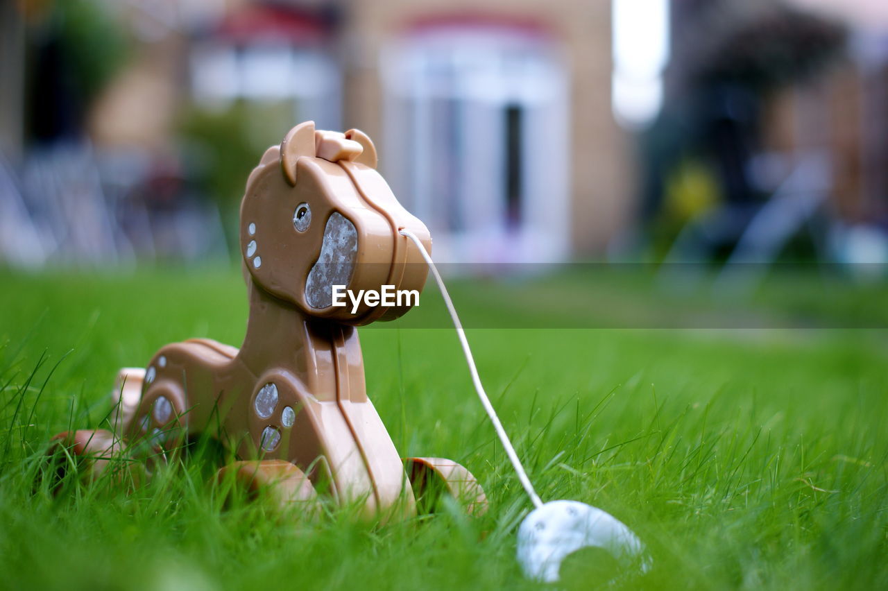 CLOSE-UP OF FIGURINE TOY ON FIELD