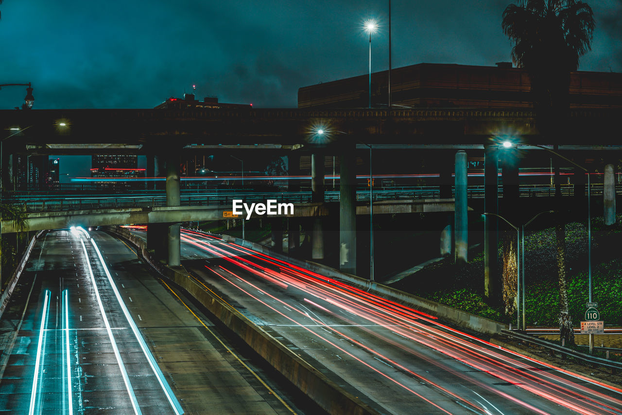 Light trails on road at night